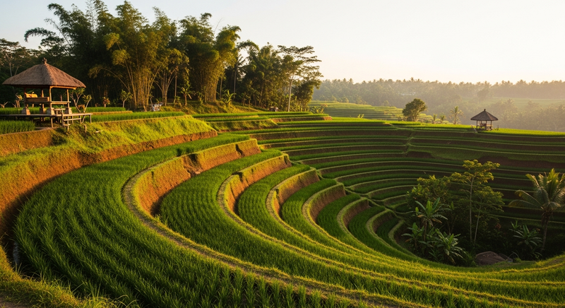 Bali rice terraces at golden hour, layered green steps descending in the low evening light