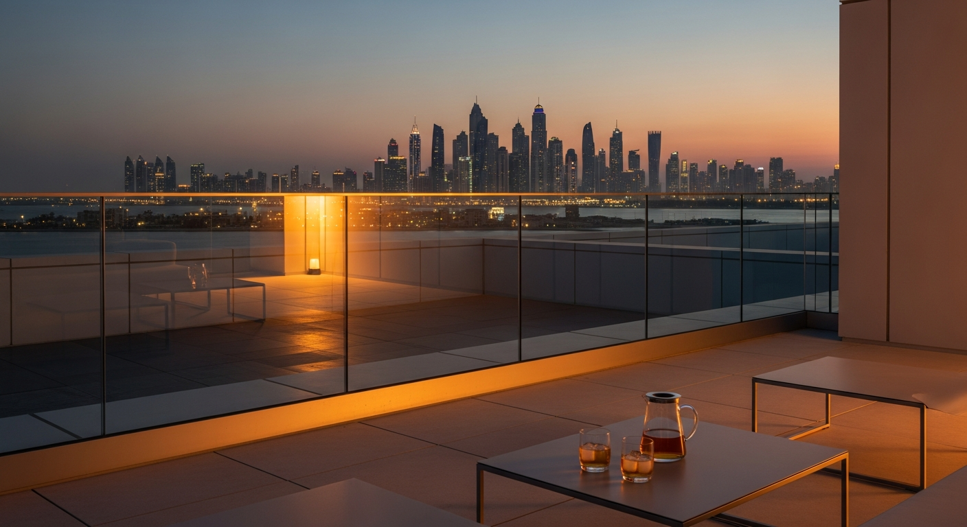 Dubai skyline at dusk from a rooftop terrace, warm amber light, the city visible across the bay