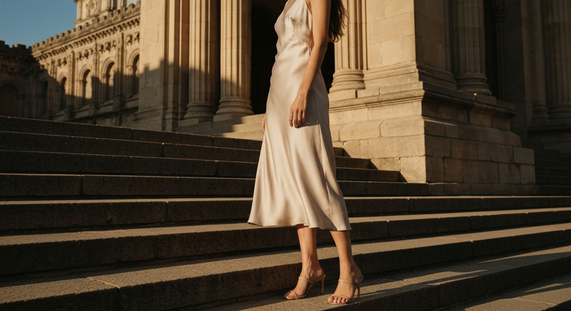 A woman in a silk midi dress against bright outdoor stonework, warm afternoon light, long shadow