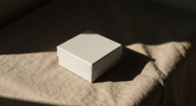 Single product box on raw linen surface, warm window light, deep shadow, no branding visible, still life editorial