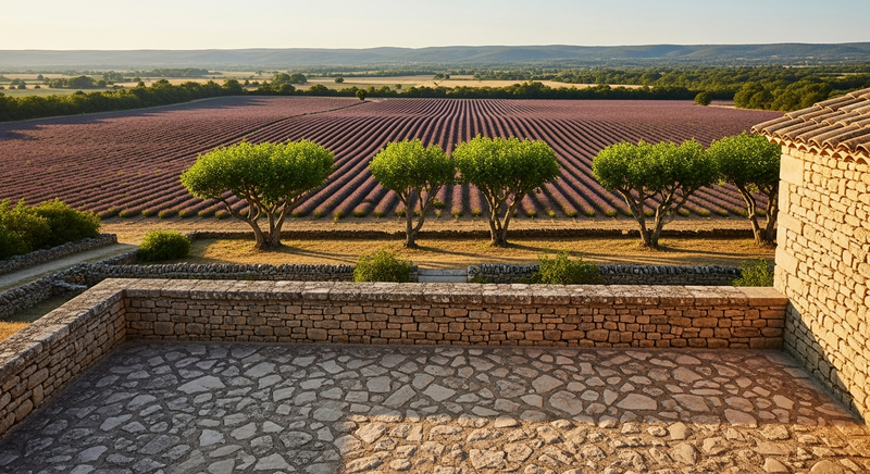 Stone farmhouse terrace in Provence with lavender fields below, warm afternoon light