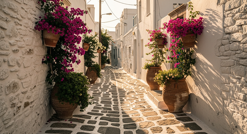 Cobblestone alley on Hydra island, whitewashed walls catching afternoon Mediterranean light