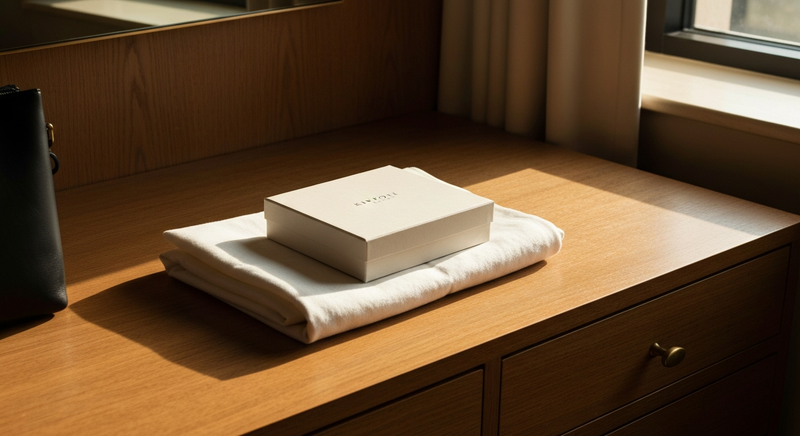 Overhead view of minimal travel flatlay on warm linen, small case and folded garments, editorial light from above