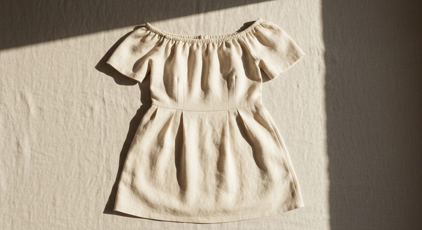 Natural light on an off-shoulder dress laid across linen, warm cream fabric against pale wood surface