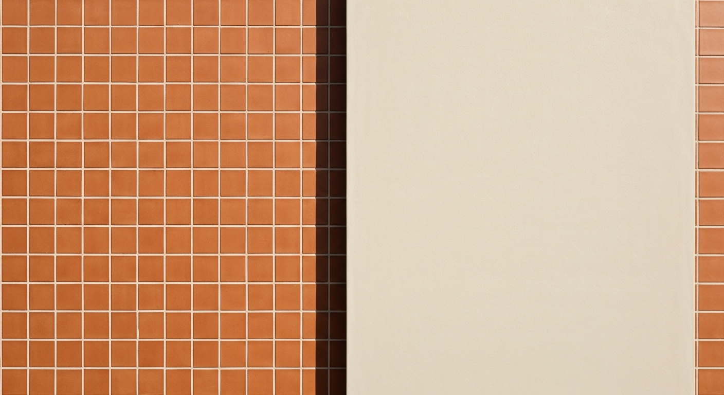 Two surfaces side by side - warm terracotta tile and smooth pale ceramic, equal light, architectural detail, no faces