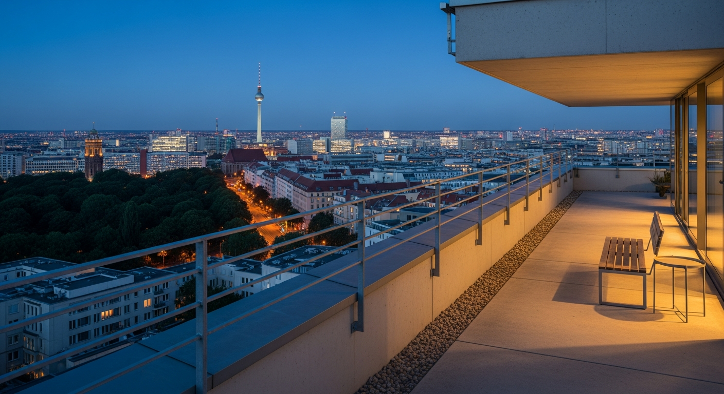 Berlin rooftop terrace in summer evening light, warm amber glow, minimal furniture, city skyline visible in the soft blue distance