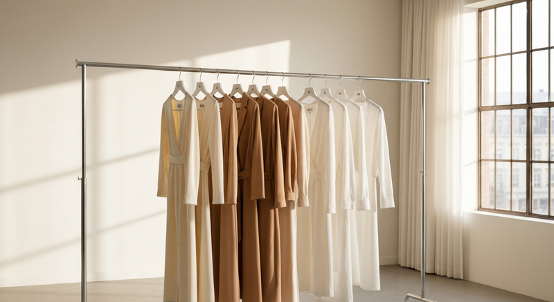 Editorial wardrobe rack with draped garments in neutral tones against a clean studio wall, warm natural light from the side