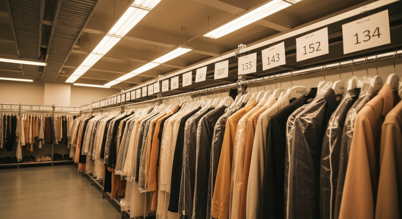 Wardrobe department hanging rail with carefully labelled costumes, warm neutral tones, studio light, professional and clean