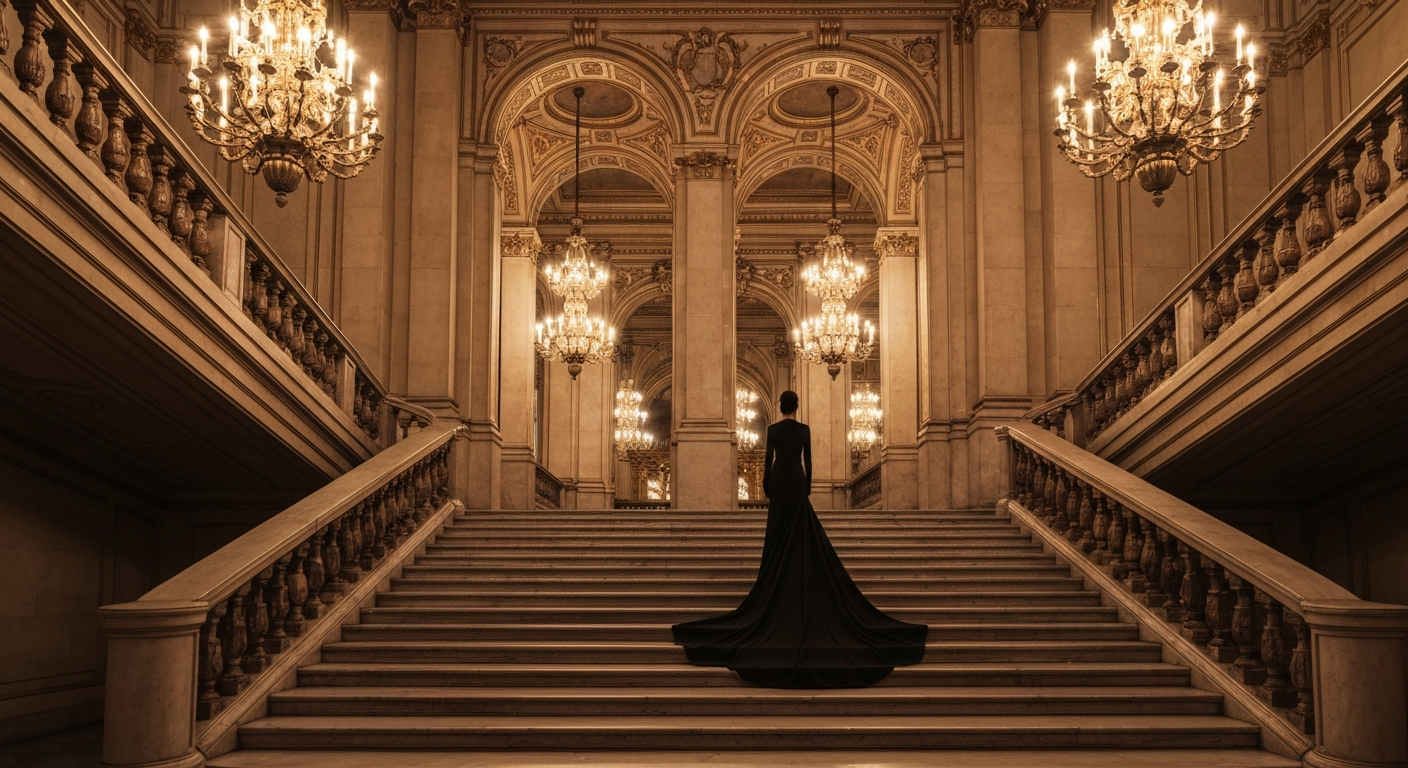 Woman in a floor-length dark gown ascending grand staircase in a golden-lit ballroom, seen from behind