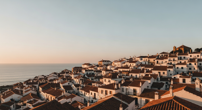 White-washed fishing village walls above Atlantic waves, warm afternoon light on chalky stone