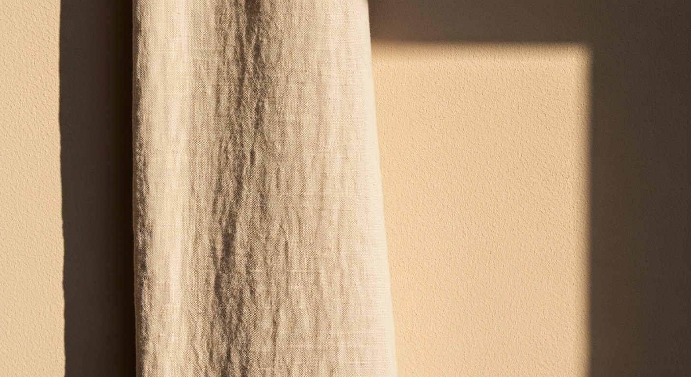 Close detail of pale linen fabric against warm plaster wall, morning light, no shadows, Cereal magazine aesthetic