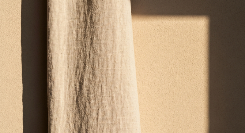 Close detail of pale linen fabric against warm plaster wall, morning light, no shadows, Cereal magazine aesthetic