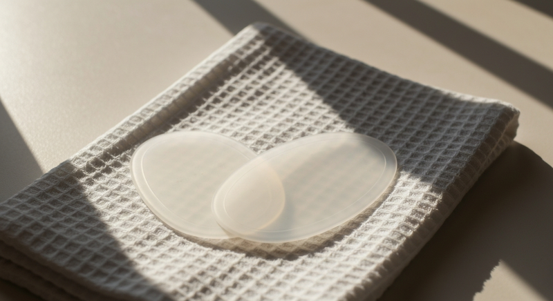 Pair of translucent silicone covers resting on clean white cotton towel in warm natural light, minimal composition