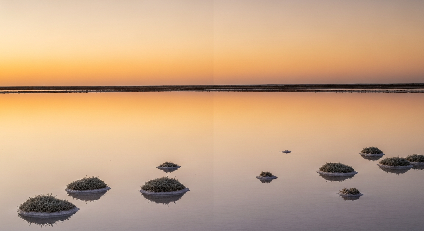Golden hour light on the salt flats of Las Salinas, Ibiza, flat water reflecting pale sky, sparse vegetation at the edges
