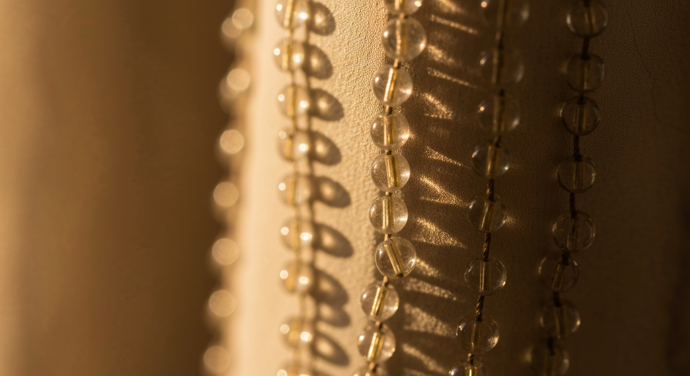Close editorial detail of light-catching beaded silk fabric against a soft focus warm background, natural window light