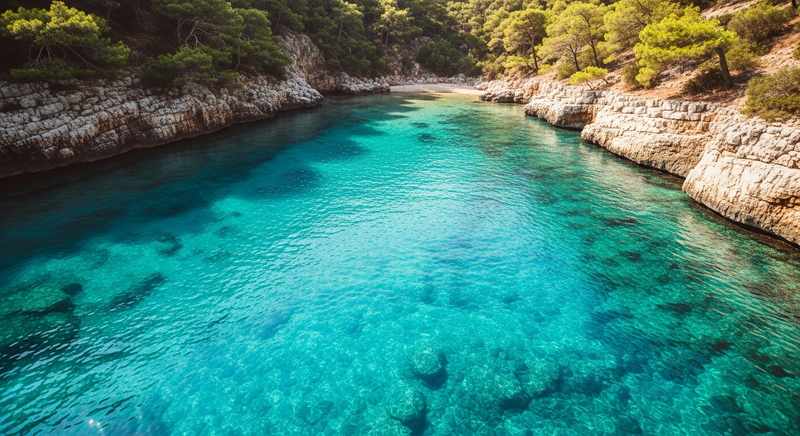 Turquoise water and rocky coastline at Kas Turkey, Mediterranean afternoon light