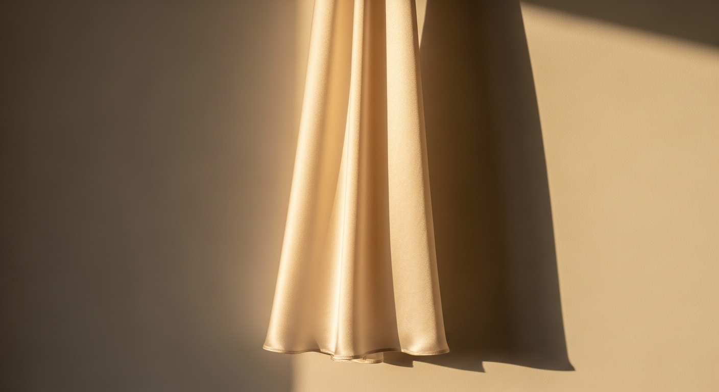 Ivory silk fabric against warm textured wall, clean drape in afternoon light, no visible understructure