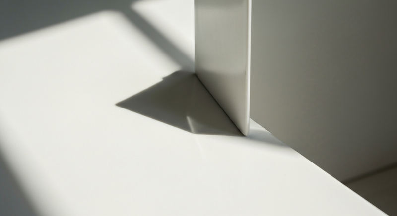 Clean white surface with single small object, sharp natural light from left, precise shadow lines, Monocle magazine editorial