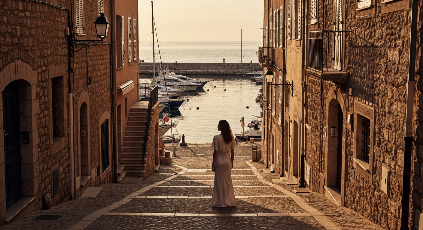 Stone harbour at dusk, French Riviera, warm amber light on pale buildings, a single woman in a silk dress at the water s edge