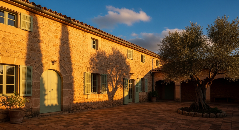 Mallorcan finca courtyard at golden hour, honey-coloured limestone walls, ancient olive tree casting shadows