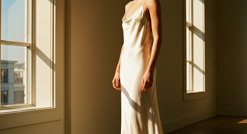 Woman in a fluid ivory silk slip dress standing near a window in afternoon light, clean uninterrupted lines