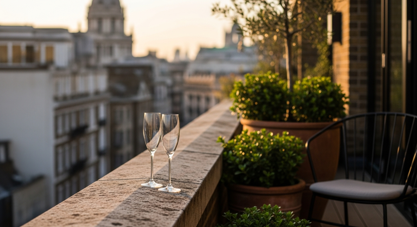 London rooftop terrace at summer evening, city skyline with Portland stone facades, warm golden light