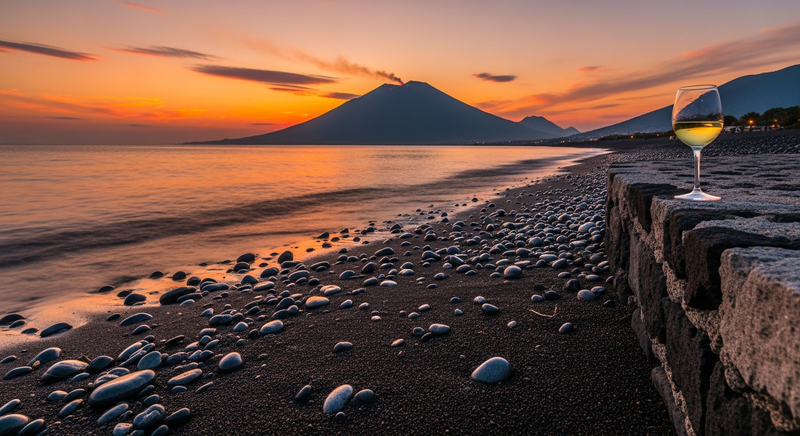 Aeolian Islands black volcanic sand beach at sunset with Stromboli silhouette