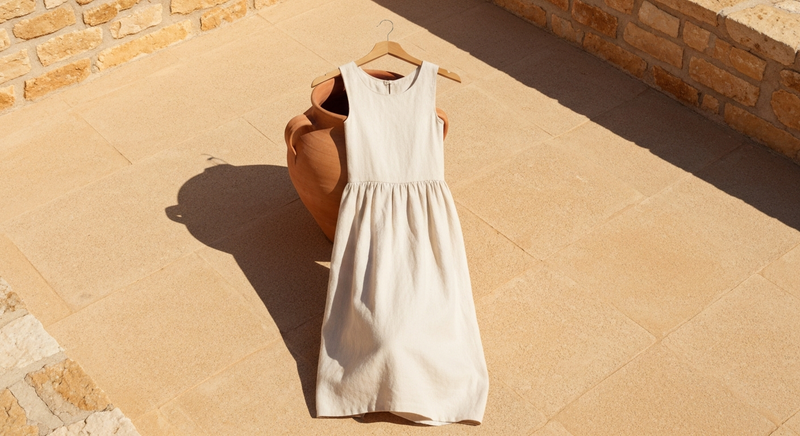 Ivory linen dress laid on warm terracotta tiles in afternoon Mediterranean light, no person, editorial flat lay