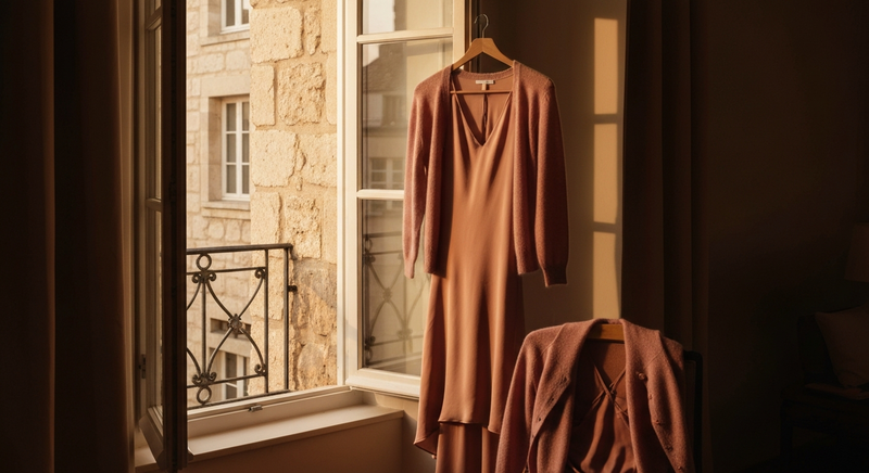 Silk dress and cashmere layer on a chair by an open window, late afternoon September light