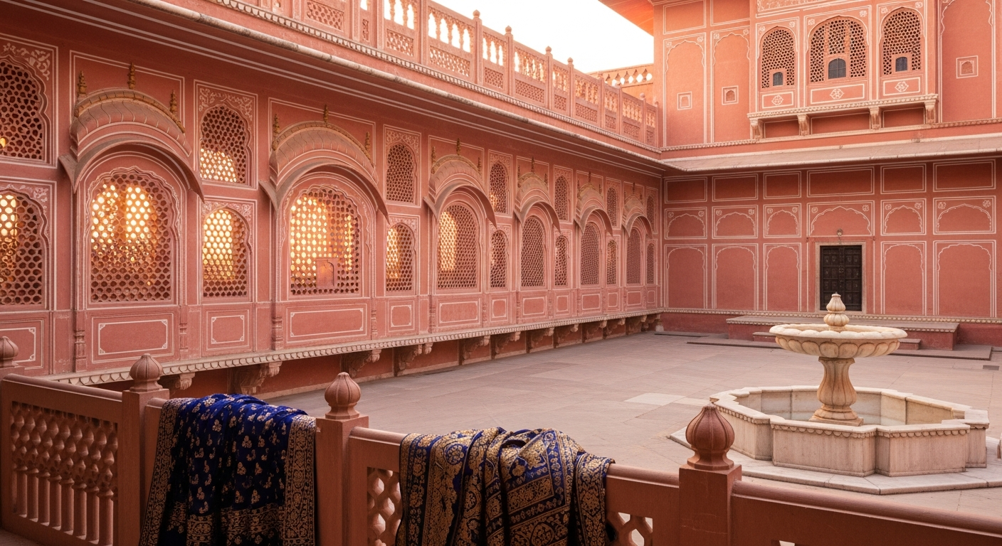 Jaipur haveli courtyard at dawn with pink sandstone latticed windows
