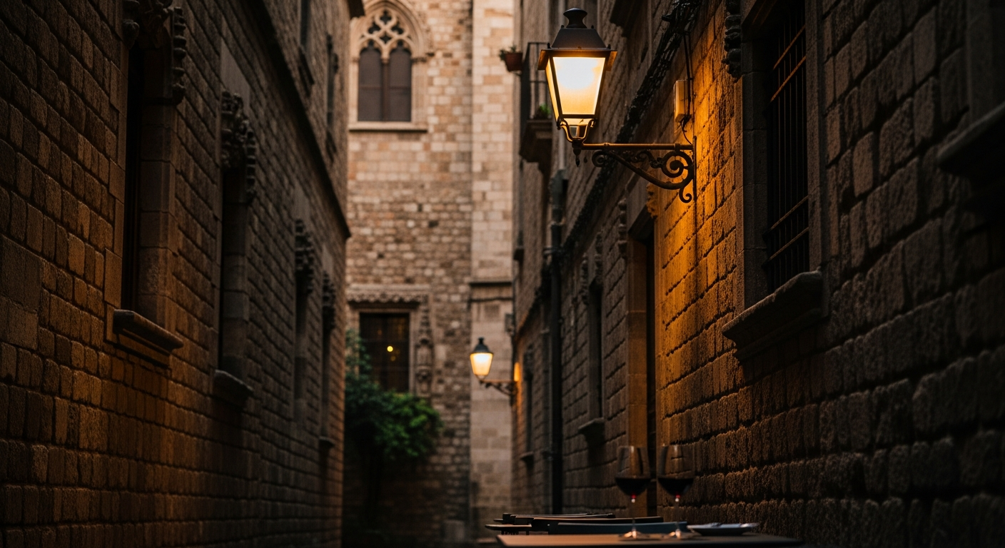 Barcelona Gothic Quarter narrow stone lane at dusk, warm amber light on medieval walls, lanterns and wine glasses