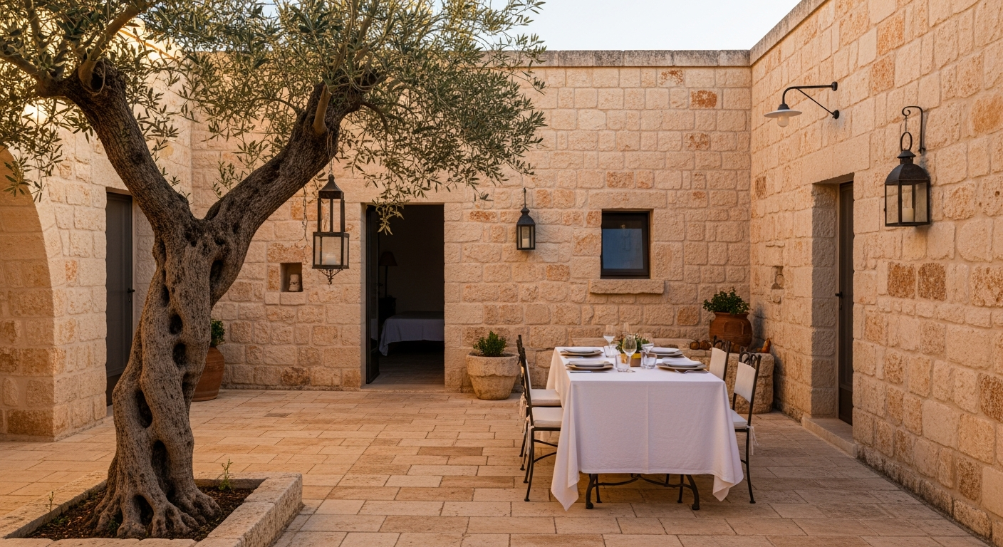 Stone courtyard of an Italian masseria at golden hour, ancient olive trees, warm terracotta and cream tones