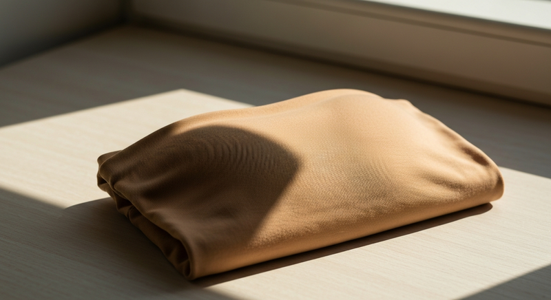 A folded tube top in warm ivory fabric against a wooden surface, morning light, editorial still life