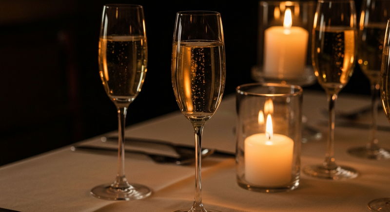Woman in a silver evening dress preparing in a candlelit room, mirror reflection, warm amber light