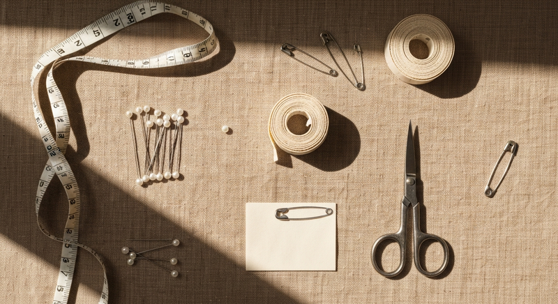 Flat lay of professional stylist tools on warm linen surface: measuring tape, pins, fashion tape, neutral garments, natural light