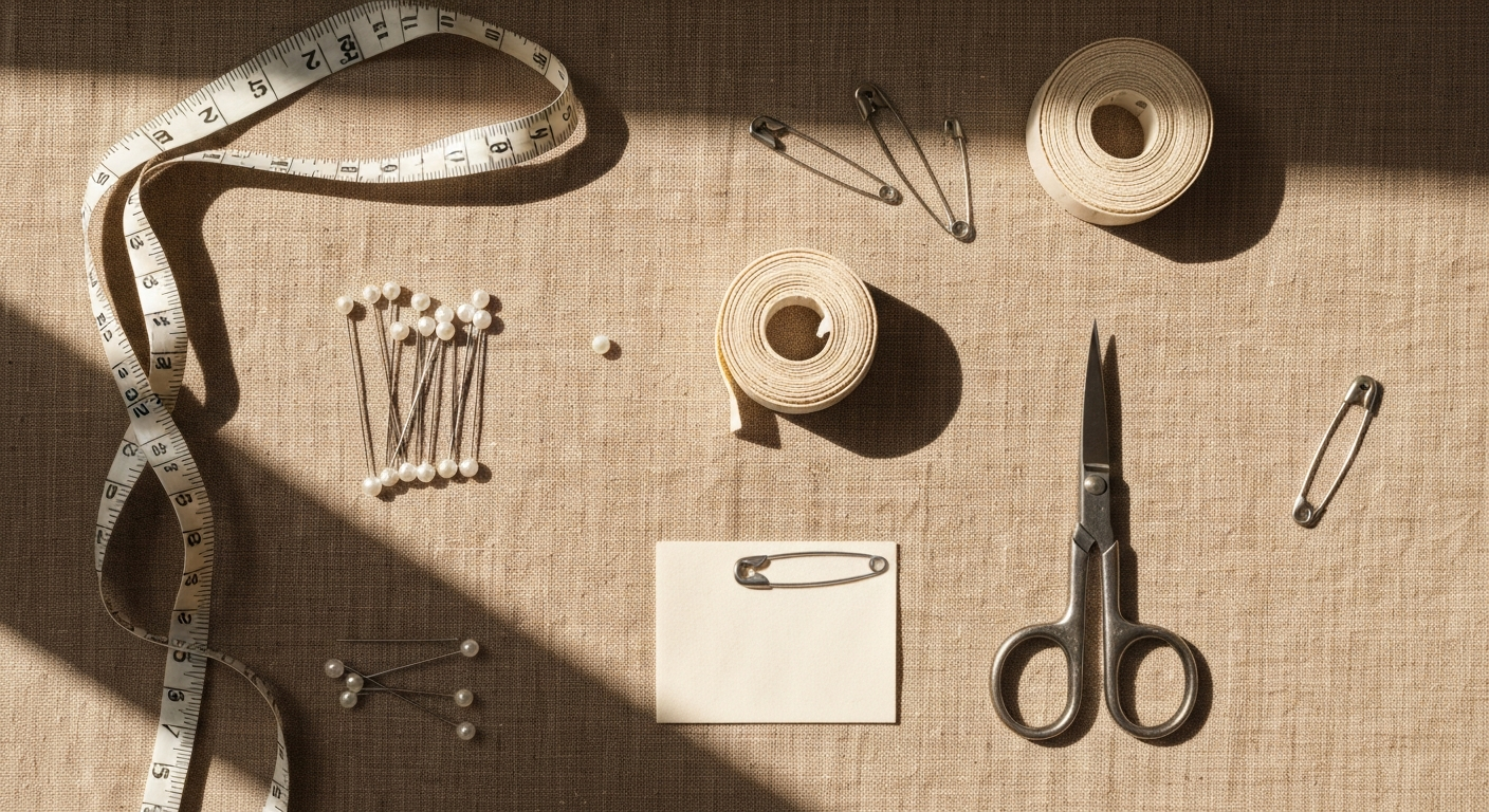 Flat lay of professional stylist tools on warm linen surface: measuring tape, pins, fashion tape, neutral garments, natural light