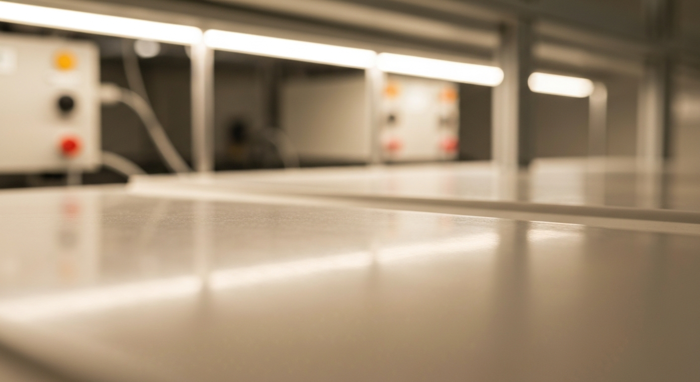 Clean precision manufacturing environment, close detail of sterile surfaces and technical equipment, warm neutral light