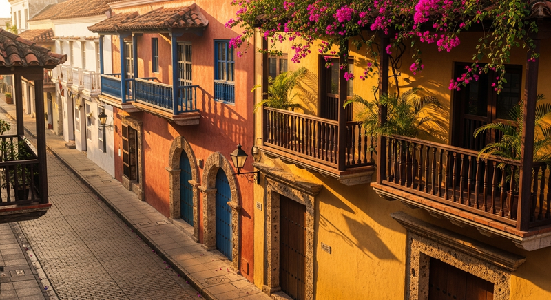 Colourful colonial buildings in Cartagena, terracotta and yellow facades, bougainvillea over iron balconies