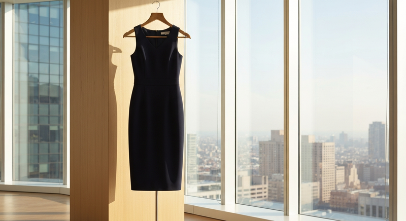 Sleeveless tailored sheath dress on a hanger in a bright office interior, morning light, white walls