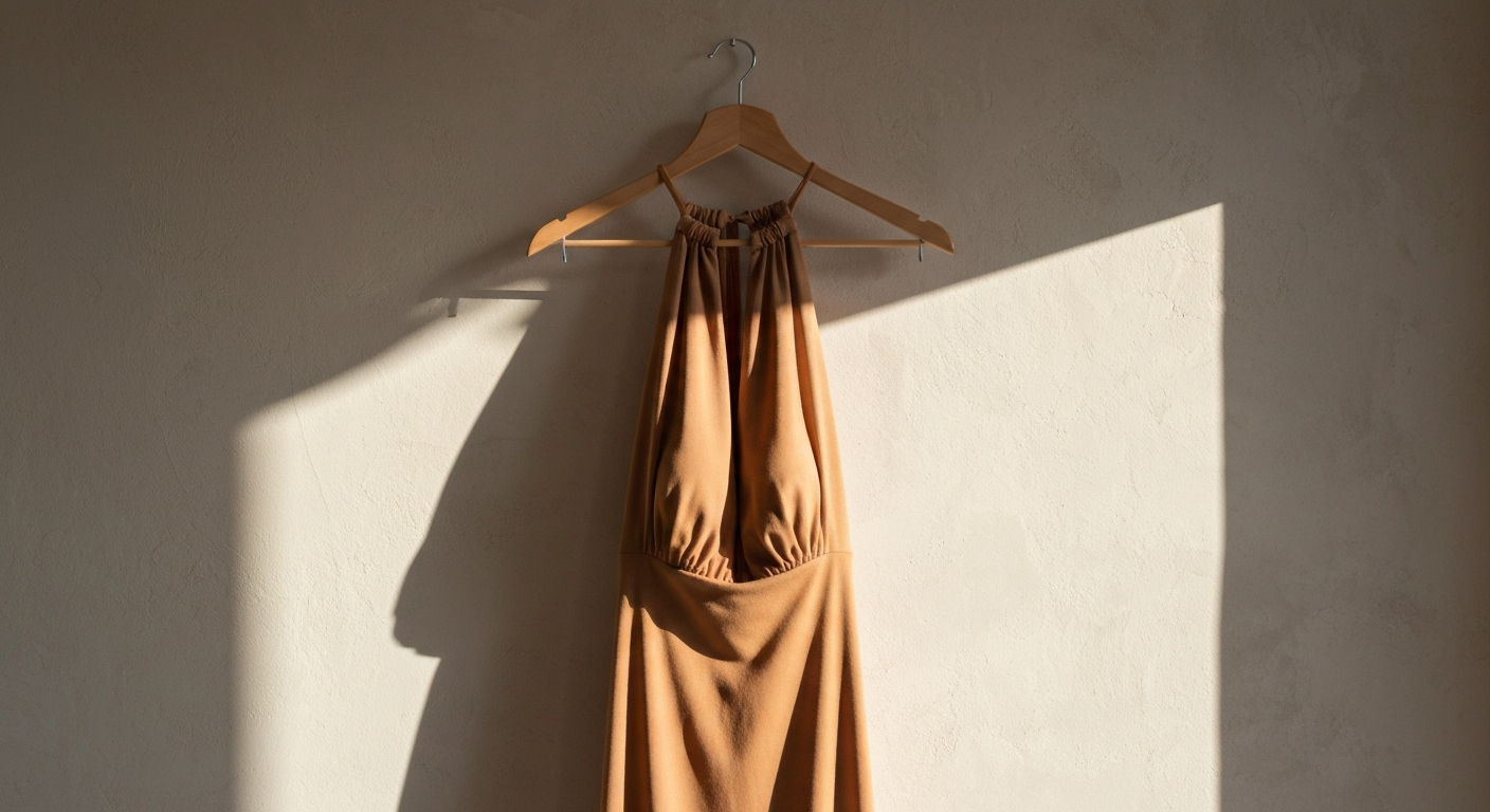 Halter neck dress on a simple hanger in natural morning light, fabric in warm sand tone, clean backdrop