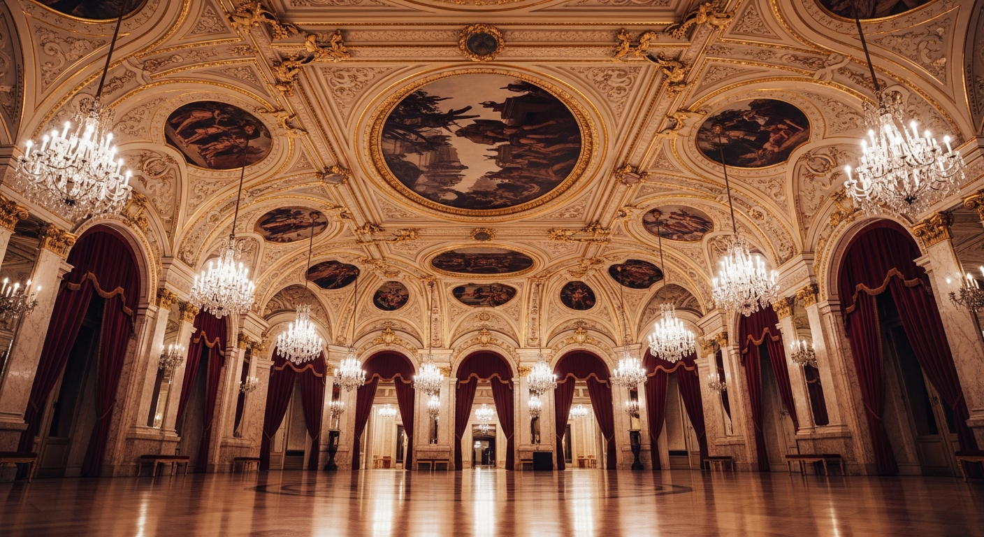Grand Viennese ballroom interior with gilded architectural details, warm chandelier light, marble floor