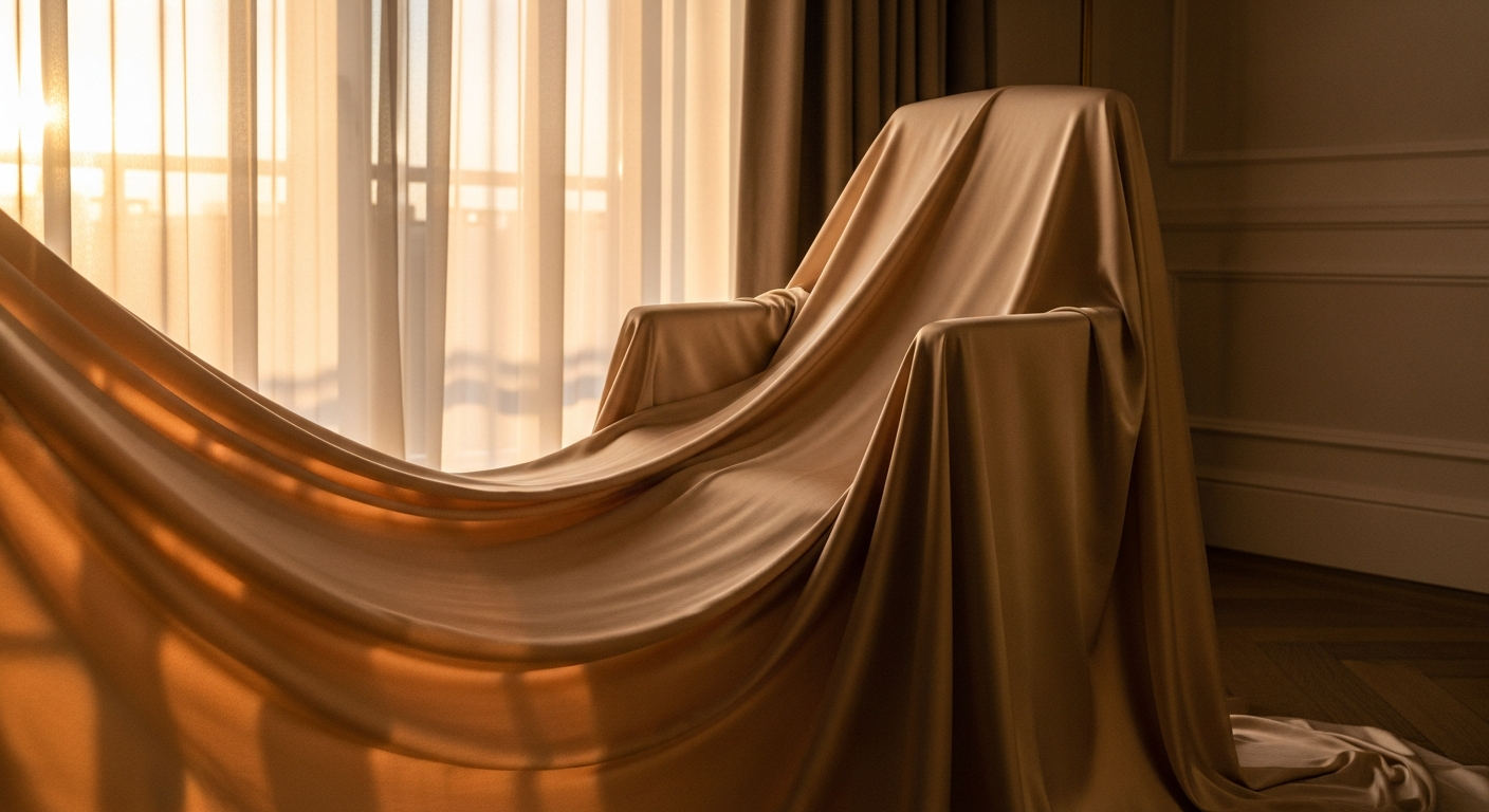 Draped silk fabric in warm light, pale champagne tones, clean surface with no visible texture underneath