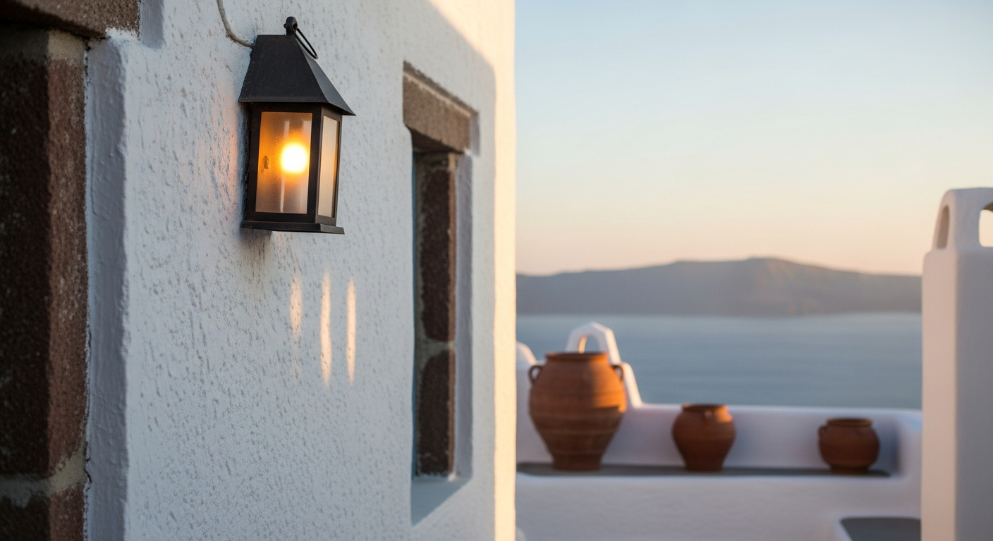Whitewashed Cycladic lanes at dusk, warm lantern light on stone walls, Aegean visible at end of the street