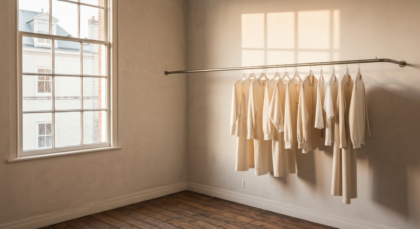 Clean dressing room with neutral garments on a rail, warm light through a window, simple and professional atmosphere