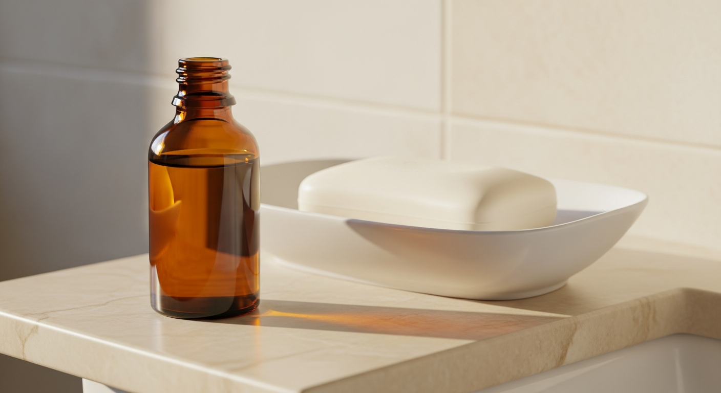Warm bathroom counter with soft towel, amber light, minimalist