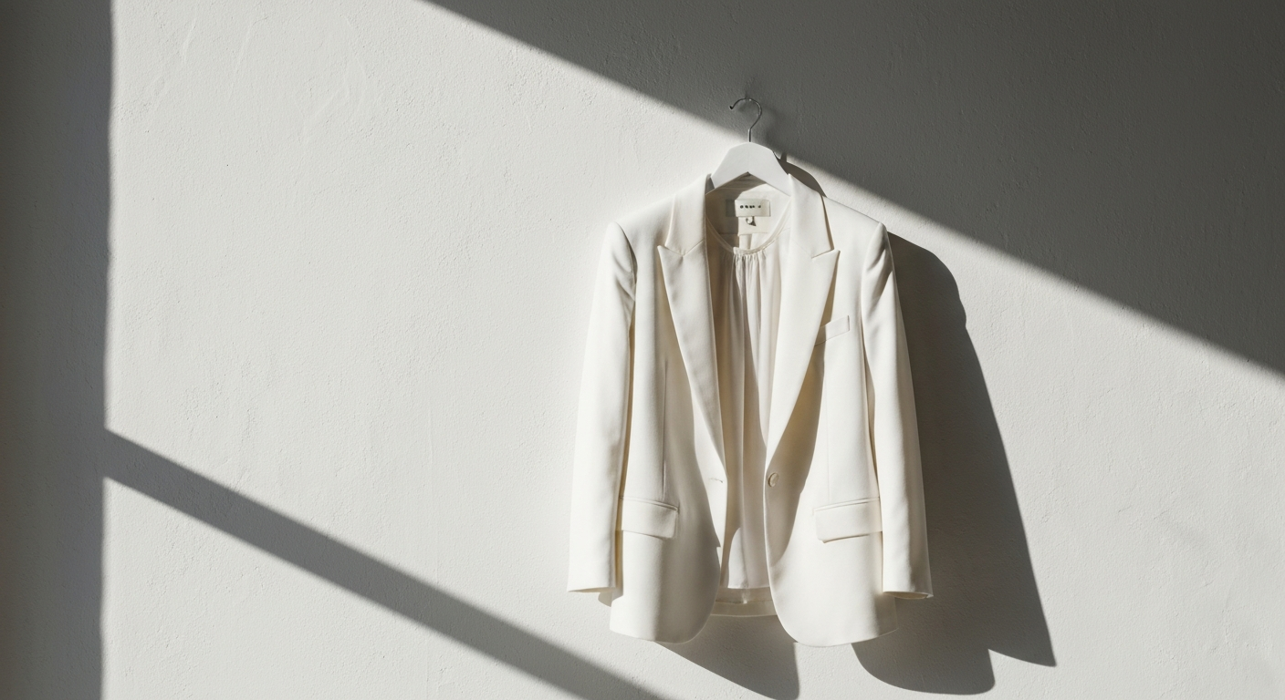 Tailored white blazer and blouse on a hanger against a white wall, bright diffuse light, sharp shadows