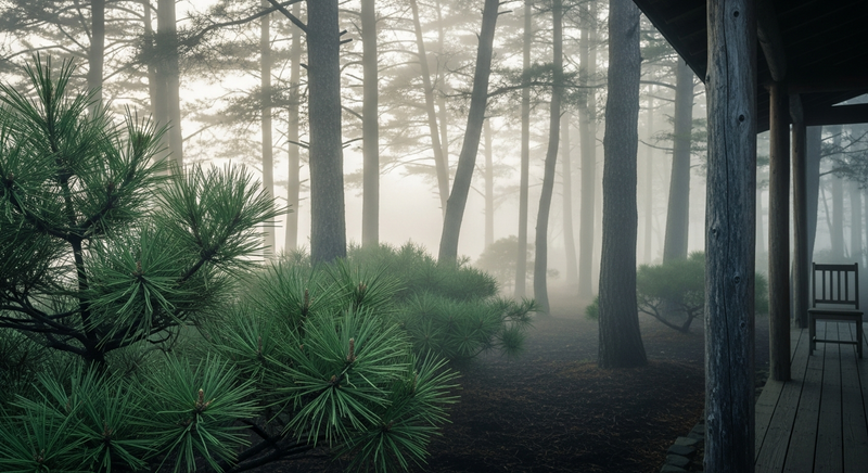 Stone pine forest path in Karuizawa at dusk, filtered mountain light, no people