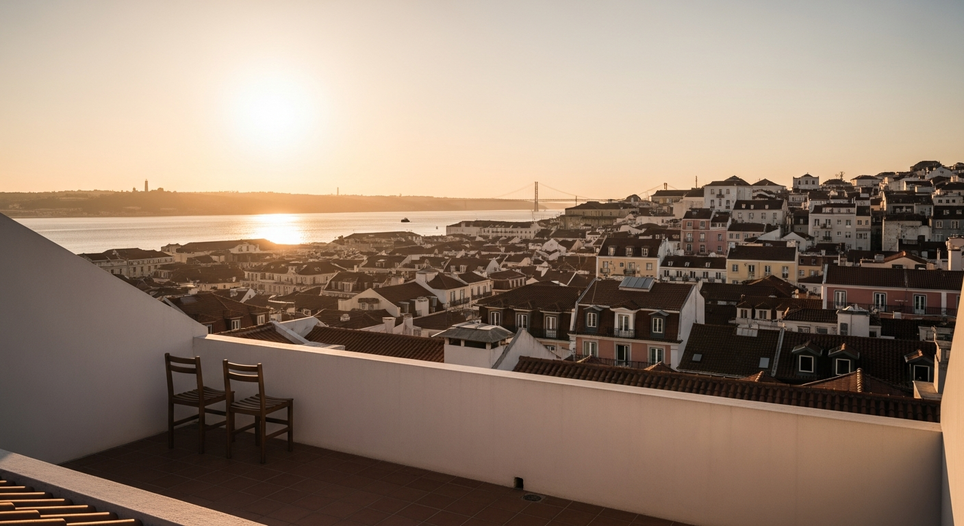 Lisbon rooftop terrace at sunset, terracotta rooftops, the Tagus River glinting in the distance, warm evening light