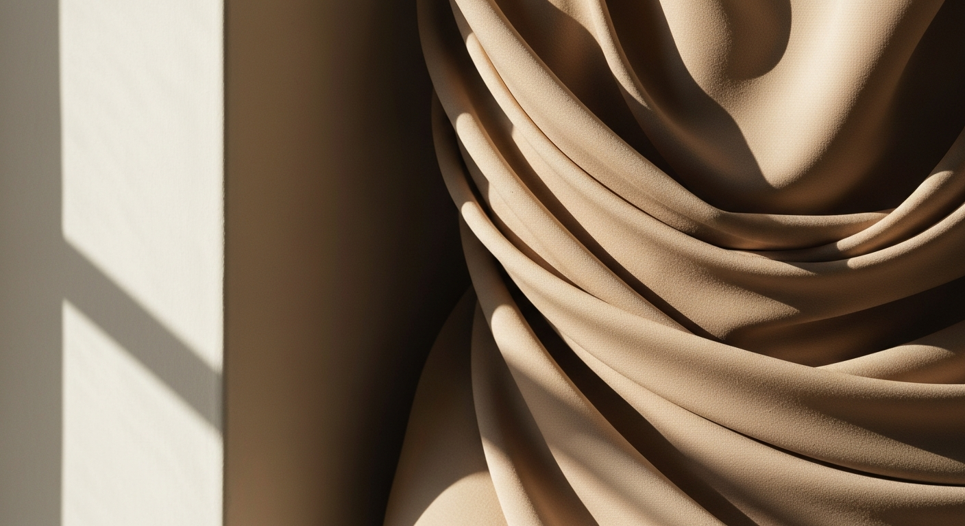 Elegant draped fabric in a warm muted champagne tone, late afternoon window light, soft shadows