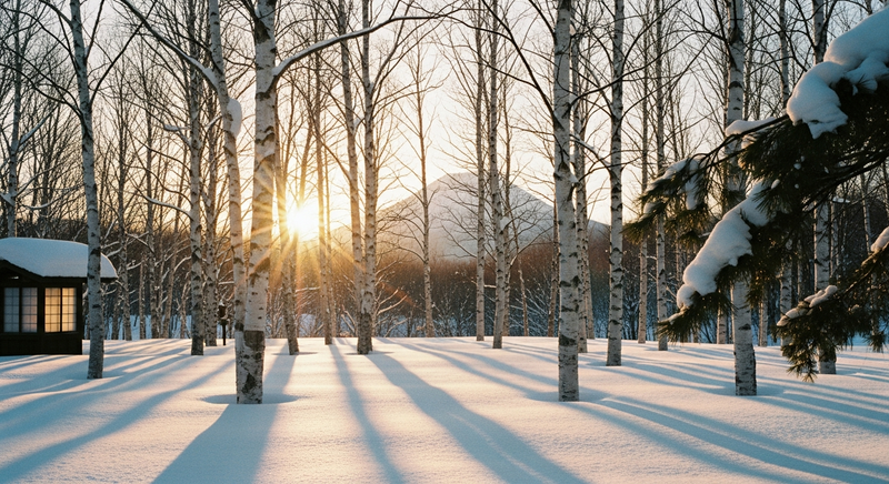 A snow-covered Japanese mountain village at dusk, warm lamplight through timber and rice paper screens, powder-dusted pines, restrained and still